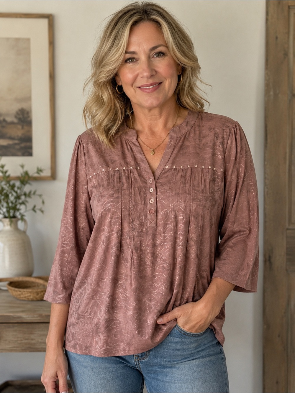 Embroidered Taupe Button-Front Tunic with Stud Yoke